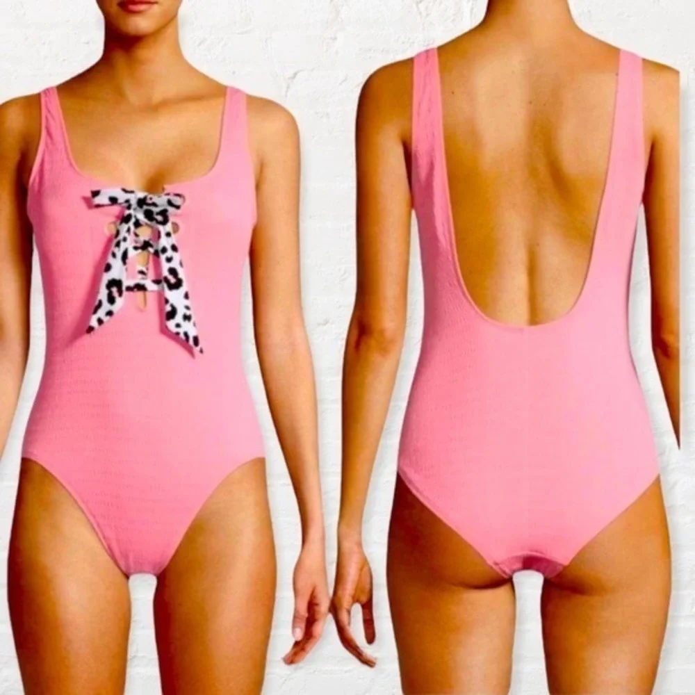No Boundaries‎ Juniors Pink Lace-Up High Leg Swimsuit Size M 7-9 One Piece